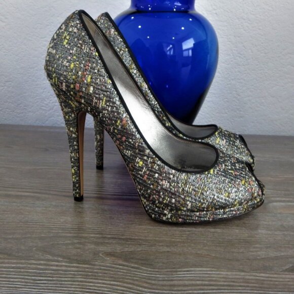 Near New Casadei Tweed Stiletto High Heels Peep Toe 9 Black Silver - Picture 5 of 16